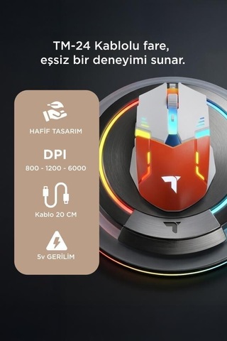 Masaüstü Aksesuarı Bilgisayar Faresi Işıklı Fare Oyuncu Mouse Rgb Aydınlatma Tm24 Beyaz