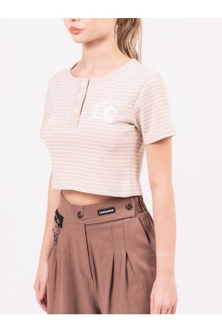 Zekids Kız Çocuk Lc Aplikeli Çizgili Crop T-shirt-13940 Bej