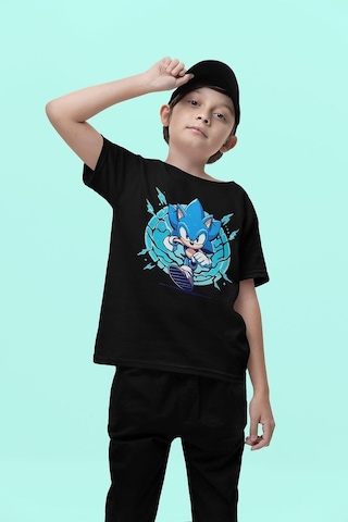 Sevbano Süper Sonic The Hedgehog Baskılı Unisex Çizgi Film Çocuk Tişört Siyah