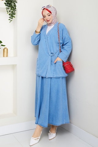 Bestenur Kimono Etek İkili Kot Takım 1531 - Açık Mavi Açık Mavi