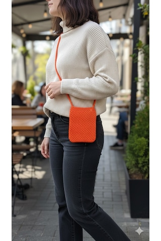 Artepieza El Yapımıturuncu Örgü Telefon Çantası, Handmade Tasarım Çanta-el Örgüsü Kadın Cep Telefonu Çantası Turuncu
