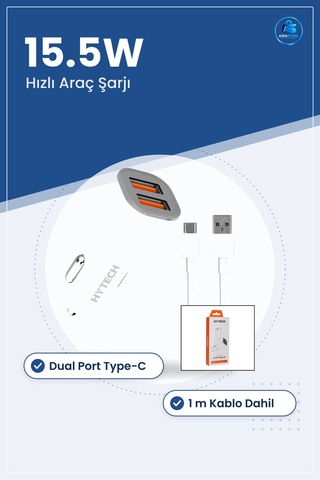 Type-c Araç Şarj Cihazı Çakmaklık Dual Port 15.5w 3a Hızlı Kablol