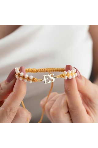 Vaoov 925 Ayar Gümüş Makrome Örme İki Harf Bileklik Altın