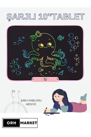 Pembe 10 İnç LCD Çizim Tableti – Şarjlı, Dijital Kalemli, USB Kablolu, Renkli Ekranlı Yazı Tableti