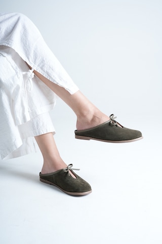 Analin Shoes Kadın Hakiki Deri Fiyonk Detaylı Düz Terlik Haki