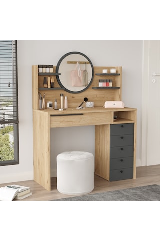 Paris Makyaj Masası Aynalı Çekmeceli Şifonyer Raf Sepet-antrasit