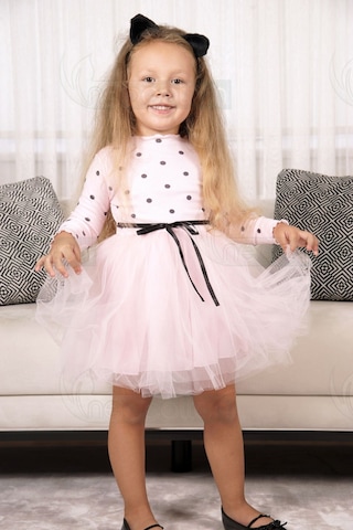 Puantiyeli Kız Çocuk Uzun Kollu Doğum Günü Ve Özel Günler İçin Tüllü Elbise Pembe
