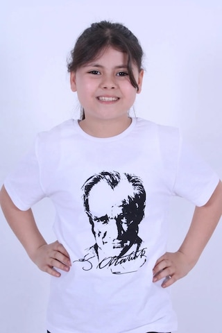 Atatürk Baskılı İmzalı Beyaz Unisex Çocuk T-shırt-beyaz Beyaz
