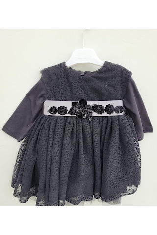 Zekids Kız Bebek Çocuk Uzun Kol Çiçek Detaylı Abiye Elbise-12335-siyah Siyah