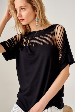 Kadın Lazer Kesim Siyah Bluz-Siyah