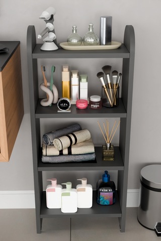 Alpaevmobilya Modern 4 Raflı Oval Kesim Banyo Düzenleyici Raf Metal Ayaklı Çok Amaçlı Raf Banyo Dolabı Açık Dolap Antrasit