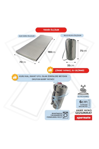 Xpermate Gezginmat Kamp Yatağı Tek Kişilik Taşıma Çantalı Kamp Matı 70 x 180 x 6 CM Gri