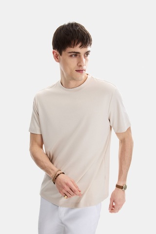 Backandbond Ekru Regular Fit Örme Bisiklet Yaka Tişört