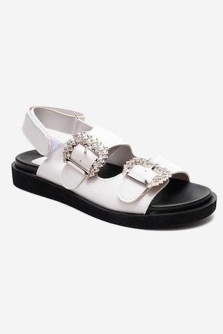 Luvishoes Luvi Shoes Olımpa Beyaz Taşlı Cırtlı Kadın Düz Sandalet Beyaz