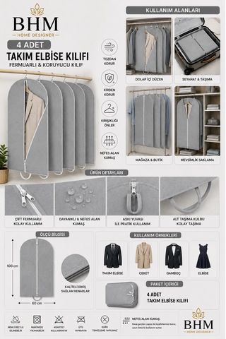 4'lü Takım Elbise Kılıfı 60x100 Cm Çift Fermuarlı Gamboç Elbise Kılıfı Kıyafet Koruyucu Toz Geçirmez Dolap Düzenleyici Gri