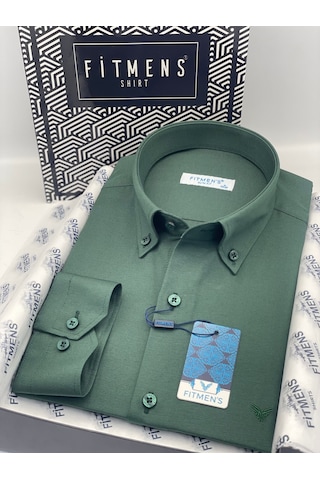 Slim Fit Uzun Kol Pamuklu Hediye Kutulu Kolay Ütülenebilir Erkek Gömlek Fs-002225 - Koyu Yeşil-2811