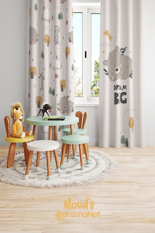Tavşan Ve Ayıcık-2 Desenli Baskılı Çocuk Ve Bebek Odası Fon Perdesi 2 Kanat - Prd-04-2 Çok Renkli