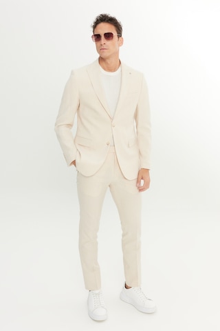 Erkek Bej Slim Fit Dar Kesim Kırlangıç Yaka Kapak Cepli Çizgili Esnek Takım Elbise Bej