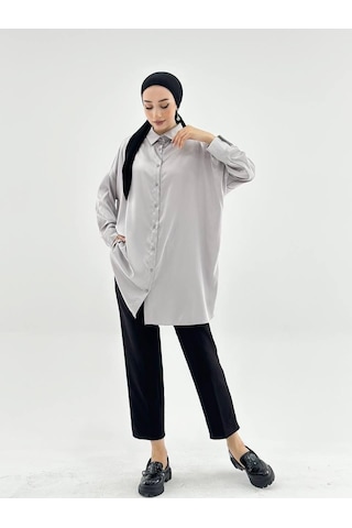 Vioshine Vıoshıne Kadın Oversize Saten Gömlek-gri Gri