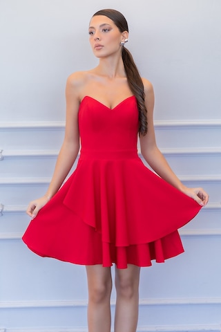 Doridorca Kadın Straplez Eteği Fırfırlı Mini Abiye Elbise 7026 Kırmızı Kırmızı