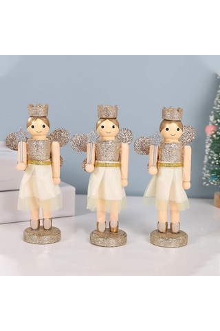 Homyl 3 Parça 12cm Ahşap Fındıkkıran Melek Kız Altın