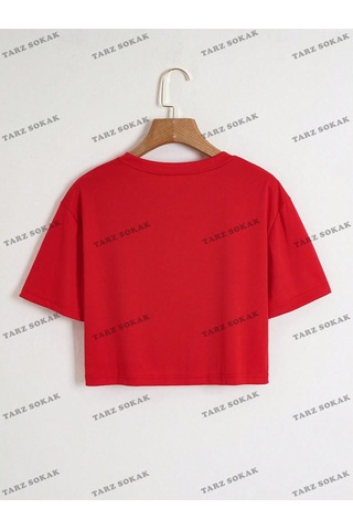 Flood Of Style Crop Ckod-232913 Kalp Desenli Kısa Kırmızı