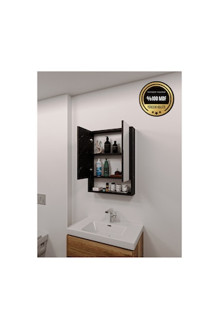 Lotus Banyo Dolabı Aynalı Raflı Kapaklı Siyah