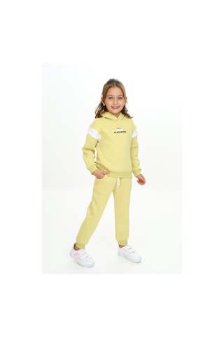 Toontoy Kids Kız Çocuk 2'li Takım Baskılı Kolej Yaka Fermuarlı Cepli Sweatshirt & Beli Paçası Ribanalı Jogger Eşofman Altı - 3 İplik Şardonlu Açık Yeşil