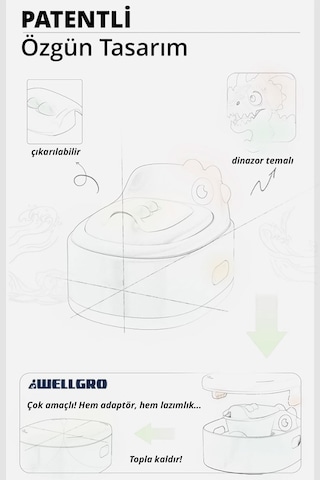 Wellgro Dino 2'si 1 Arada Bebek Lazımlık ve Tuvalet Adaptörü - Gri