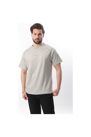 Madmext Boyalı Gri Baskılı Nakış Detaylı Erkek T-shirt E7108 Boyalı Gri