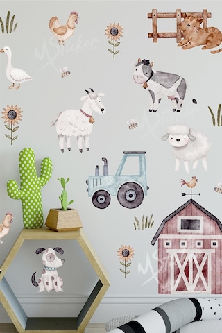 MSticker Çiftlikte Sevimli Hayvanlar Temalı Çocuk Bebek Odası Duvar Cam Sticker Seti