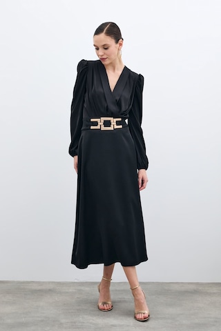 Sateen Bel Aksesuarlı Saten Krep Etek - Siyah-135688 Siyah
