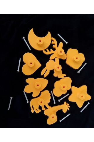 Sarı 10'lu Çocuk Odası Dolap Çekmece Kulp Seti -karma Figürlü Mobilya Kulpu 3 Cm Kulp Vidası Dahil