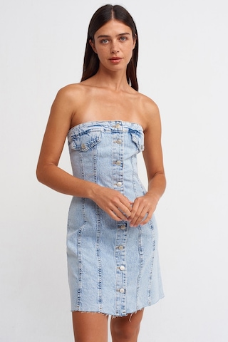 Dilvin 90524 Eteği Dikişsiz Kloş Denim Elbise-Mavi