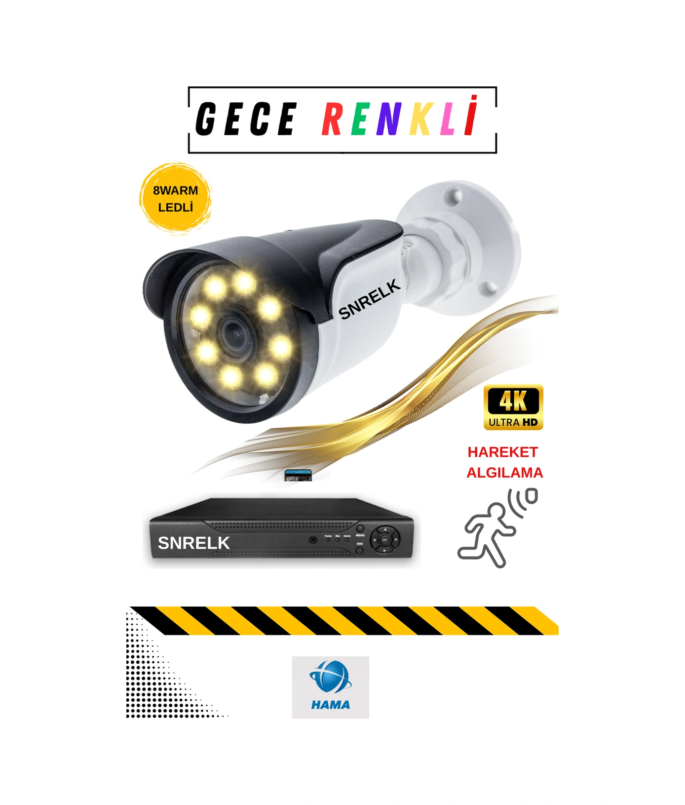 Snrelk 19'' Monitör 5mp Lens 4'lü Warm Lıght Gece Renkli 320 Gb Güvenlik Kamerası Set