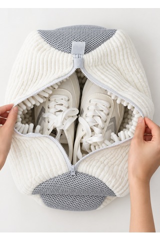 Ayakkabı Yıkama Çantası 40x20 Cm Makinede Deforme Önleyici Fermuarlı Yıkama Filesi Beyaz