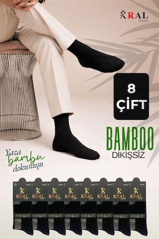 Kral Socks Erkek Yazlık Bambu Soket Uzun 8 Çift Karma Renkli Çorap Siyah
