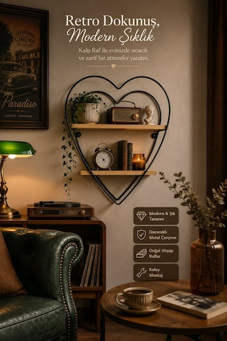 Jasper Love Ahşap Detaylı Kalpli Banyo Ve Mutfak Rafı Metal Raf Dekoratif Duvar Rafı 2 Katlı