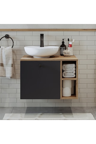 Ayaksız Lavabolu Mdflam 65 Cm Çekmeceli Banyo Dolabı Atlantik Çam - Antrasit