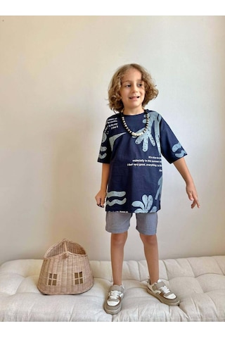 Miniko Kids Erkek Çocuk Kaktüs Desenli Müslin Şortlu Pamuk Takım Lacivert