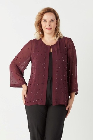 1951 Mürdüm İnci Ve Taş Baskılı Şifon Büyük Beden Şık Ceket Mürdüm