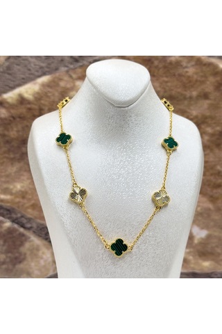 Malachite Taşlı Yonca Gümüş Kolye Sarı