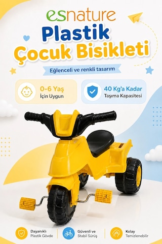 Esnature Plastik Çocuk Bisikleti 3 Tekerlekli Pedallı Led Işıklı Sarı 0-6 Yaş 40 Kg Taşıma Kapasitel