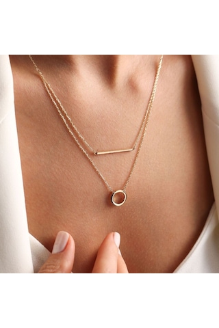 Sembol Gold Altın Barlı Çift Zincir Kolye