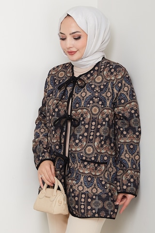 Etnik Desen Bağlamalı Kapitone Ceket 1618 - Siyah Siyah