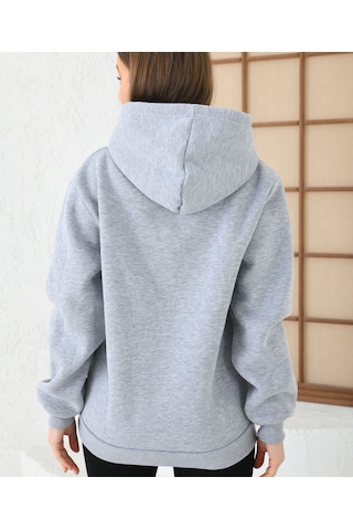 Unisex Basic Regular Fit Kapuşonlu Içi Yumuşacık Tüylü Kanguru Cep Detaylı Sweatshirt Gri