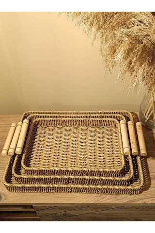 Hasır Rattan Sunum Tepsi 3'lü Organizer Bambu Kulplu Dikdörtgen Diğer