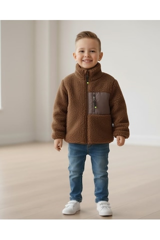 Smalltouch Unisex Çocuk Yumuşak Dokulu Astarlı Fermuarlı Cepli Peluş Hırka Kahverengi