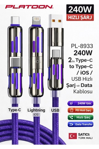 Platoon Pl-8933 240w 2in1 Type-c To Type-c / Apple Uyumlu iOS / Usb Hızlı Şarj Ve Data Kablosu