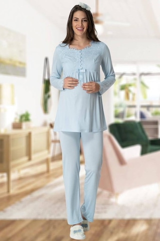 Mecit Pijama Mecit 1924 Bayan Hamile Lohusa Mavi Sabahlık Gecelik Pijama Takım